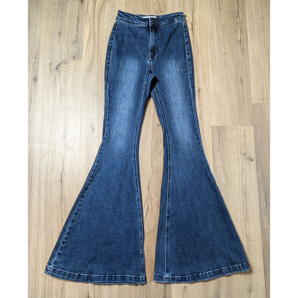 KanCan Jeans Size 24 Super Fulare High Rise Bell Bottom Retro 70s Boho Dark Wash